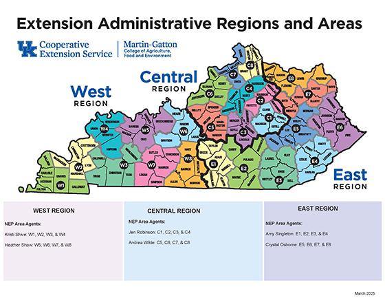 Map of Kentucky showing County Areas and listing Area Agents